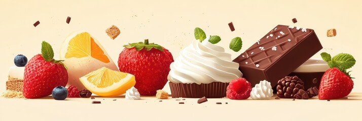 A visually enticing array of assorted desserts featuring a combination of fresh fruits, creamy toppings, and chocolate, symbolizing indulgence and flavor.