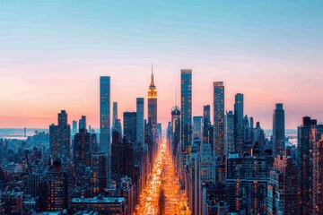 Naklejka premium Stunning sunset view of manhattan skyline new york cityscape photography urban landscape aerial perspective