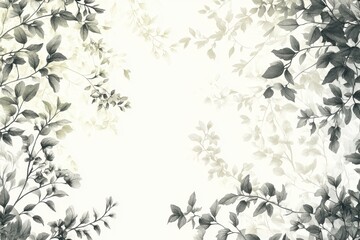 Delicate grayscale botanical illustration featuring leafy branches