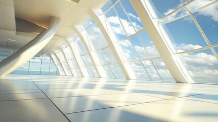 Obraz premium Modern building interior with expansive windows and sky view