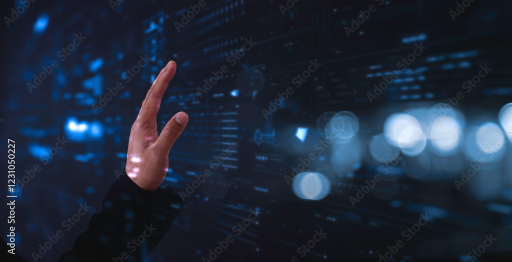Aufkleber data digital transformation hand touching the universe, a conceptual shift in digital transformation