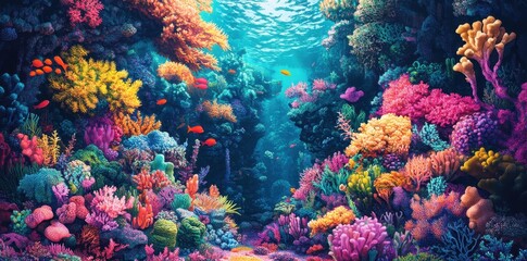 Naklejka premium Vibrant Coral Reef Ecosystem With Colorful Fish
