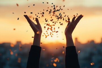 Celebratory confetti toss urban sunset cityscape lifestyle photography joyful atmosphere hands in action