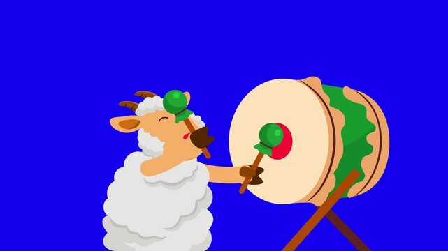 Happy Sheep Playing Drum Celebrating Adha