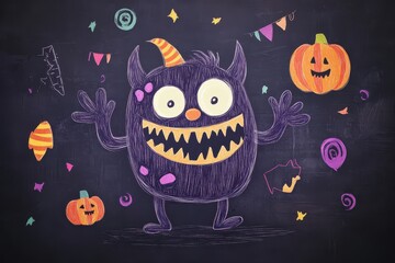 Fototapeta premium Friendly Halloween Monster Celebrates with Pumpkins and Decorations