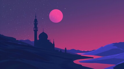 A modern Ramadhan Karim poster with a minimalist mosque silhouette at sunset, elegant Arabic calligraphy, and a starry purple-blue background