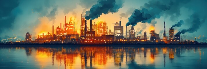 Stunning view of a vast industrial factory illuminating the night with fiery brilliance, reflecting in the calm waters while emitting dense smoke clouds.