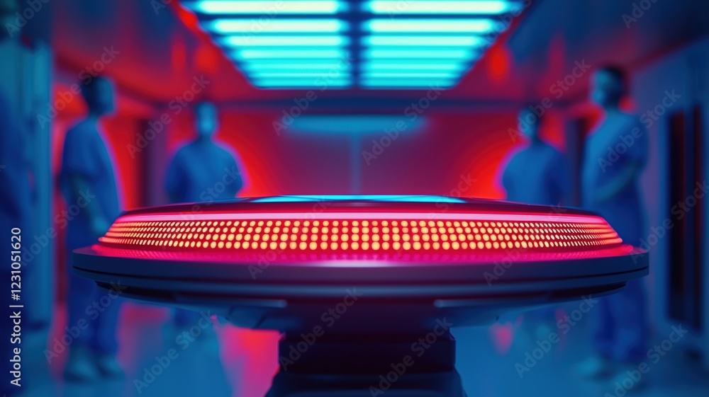Poster artificial intelligence concepts. futuristic setting with a glowing platform and figures in the back