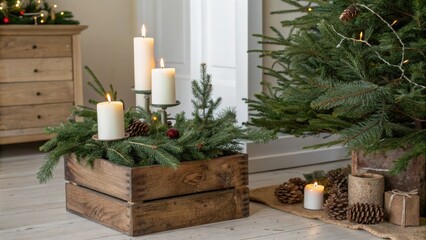 Rustic wooden Christmas tree stand with candles and evergreen branches, seasonal decorations, cozy ambiance, winter wonderland, Christmas wooden background