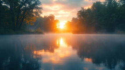Misty sunrise river reflection, autumn trees
