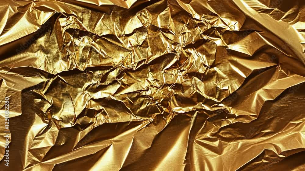 Poster shimmering gold foil with crumpled texture moving in dynamic light patterns
