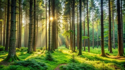 Obraz premium serene and peaceful atmosphere of a forest with tall trees and overgrown undergrowth, forest, serenity