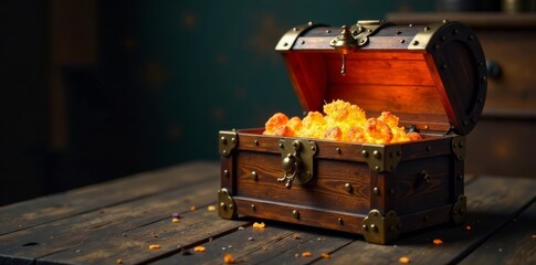 Vintage wooden chest with brass mechanisms and glowing ember, brass, dim light, glow