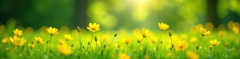 Serene meadow with bright yellow flowers swaying in the breeze, nature, peaceful, garden