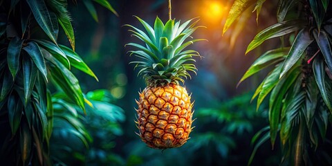 Fototapeta premium Low Light Photography of Ripe Pineapple on Tree, Tropical Fruit, Exotic Plants, Nature Close-up, Vibrant Colors, Dark Background, Natural Light,