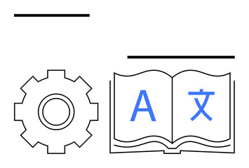 Open book displaying letters A and a multilingual script next to a gear symbolizing technology. Ideal for education, AI tools, global communication, translation, software, learning, abstract line