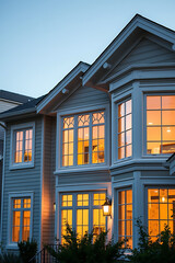 Fototapeta premium Illuminated Modern Home Exterior at Dusk: A Luxurious Suburban Residence