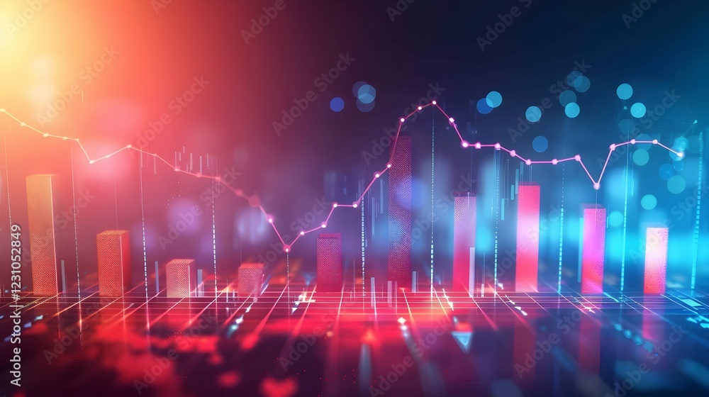 Poster a colorful digital representation of financial data and trends with graphs and bars.