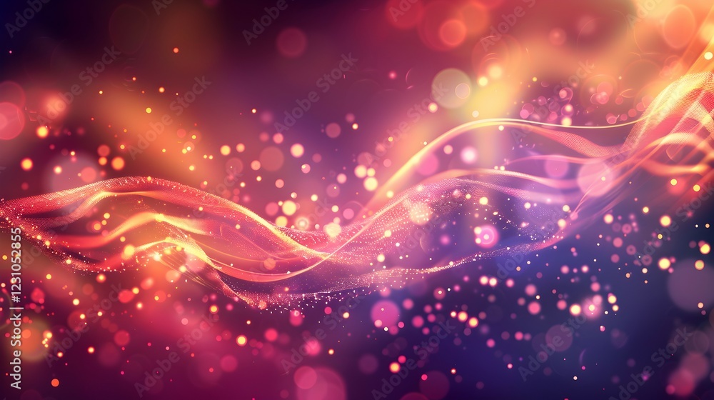 Poster abstract waves of light and color with sparkling particles creating a vibrant atmosphere.