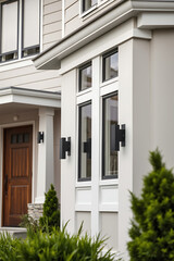 Fototapeta premium Modern House Exterior: White Walls, Black Windows, and Landscaping