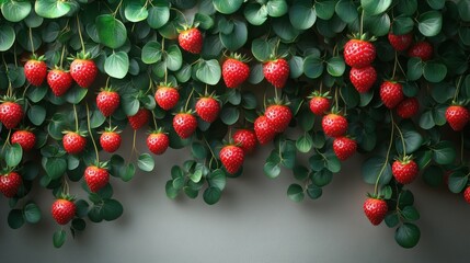 Ripe strawberries hanging from vines, background neutral, food photography, website banner