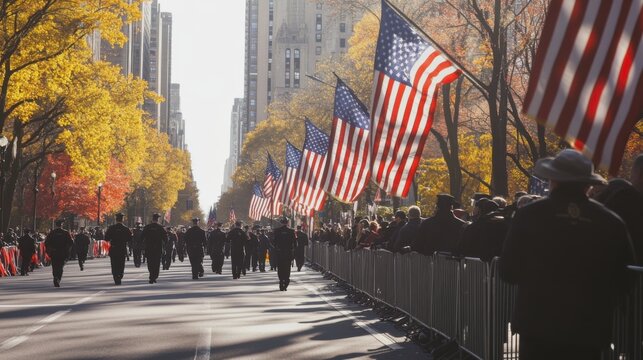 Veterans Day parade with flags and salutes. Featuring veterans marching in a parade with national flags and paying respects. Emphasizing honor and patriotism.