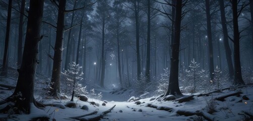 Snowflakes falling gently on a silent forest at night, snowy silence, frozen lake, snowflakes