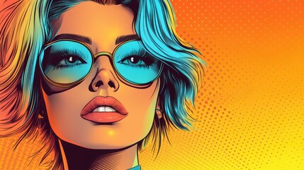 Vibrantly Styled Woman Wearing Blue Sunglasses in Pop Art Illustration Featuring Bright Orange and Yellow Background with Bold Hair Highlights