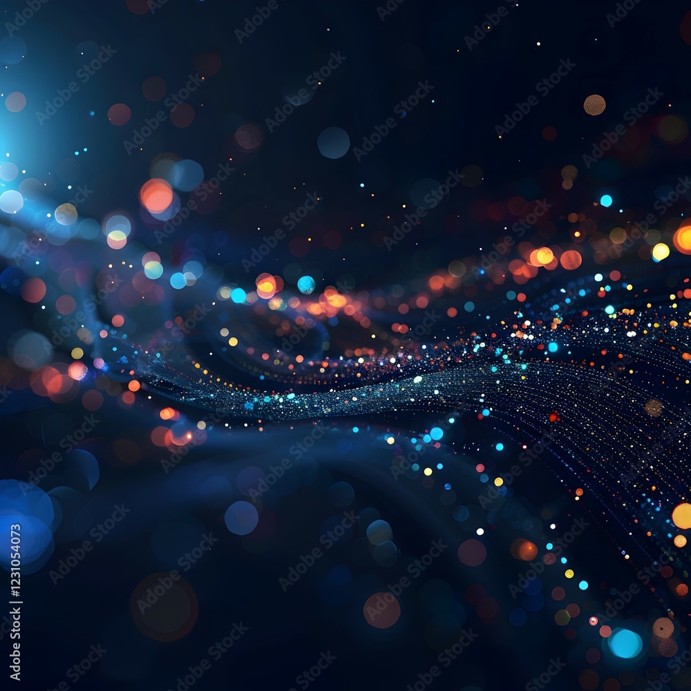Poster a vibrant abstract design featuring colorful particles and flowing lines in a dark background.