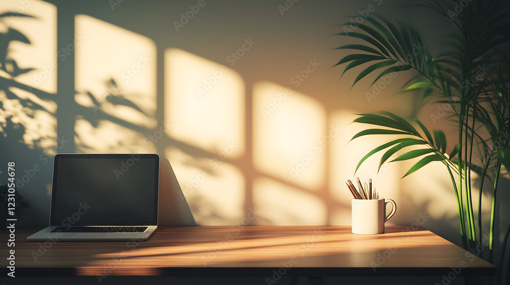 Poster minimalist workspace illuminated by afternoon sunlight with a touch of greenery. generative ai