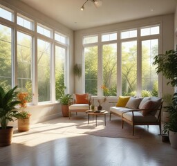 Fototapeta premium Softly filtered natural light pours through the sunroom's large windows, botanical decor , serene atmosphere