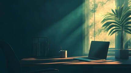 Minimalist Workspace Bathed in Soft Light From a Window During the Day. Generative AI
