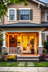 Dream House Exterior: Inviting Porch, Warm Lighting, and Landscaped Garden. Perfect for Real Estate Listings and Architectural Inspiration