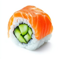 Single Philadelphia roll sushi with salmon and cucumber isolated on white.