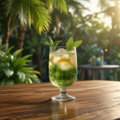 Sparkling cocktail in a elegant glass on a tropical wooden table with golden accents and lush greenery background, golden highlights, sparkling drink, refreshing beverage