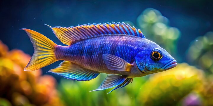 Minimalist Photography of the Scrapermouth Mbuna Fish in Natural Habitat, Showcasing Vibrant Colors and Unique Features of Labeotropheus Trewavasae, Perfect for Aquatic Enthusiasts and Nature Lovers