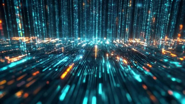 Abstract Digital Data Stream, Futuristic Cyberspace, Flowing Light Trails, Binary Code,  Orange and Teal Hues