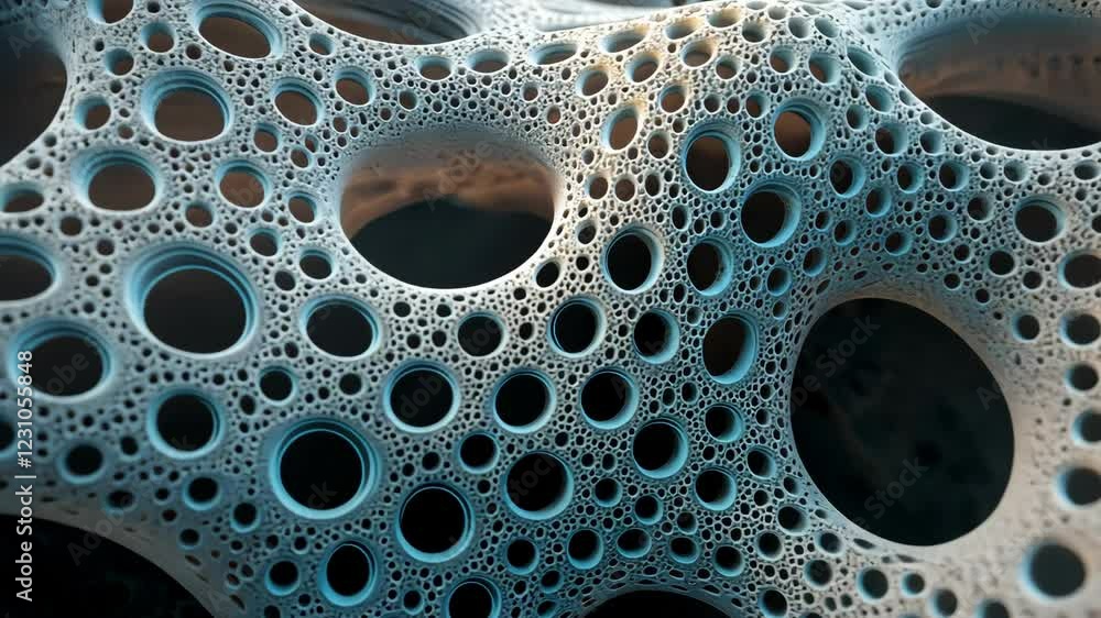 Poster intricate organic patterns in abstract morphing structures with dynamic depth and light play