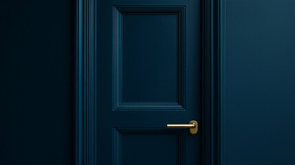 A classic brass handle on a deep navy blue door, using rich color contrast to create a timeless, minimalist look