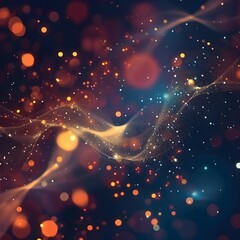 Abstract digital art featuring glowing particles and waves in a cosmic background.