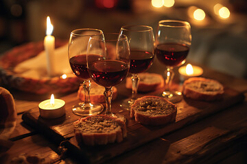 passover seder theme, four wine glasses, wax candles flickering, and the aroma of gefilte fish, creating a festive atmosphere