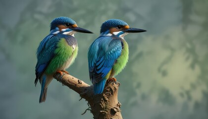Fototapeta premium Perched kingfisher with bright blue and green plumage, avian, ornithology, common kingfisher