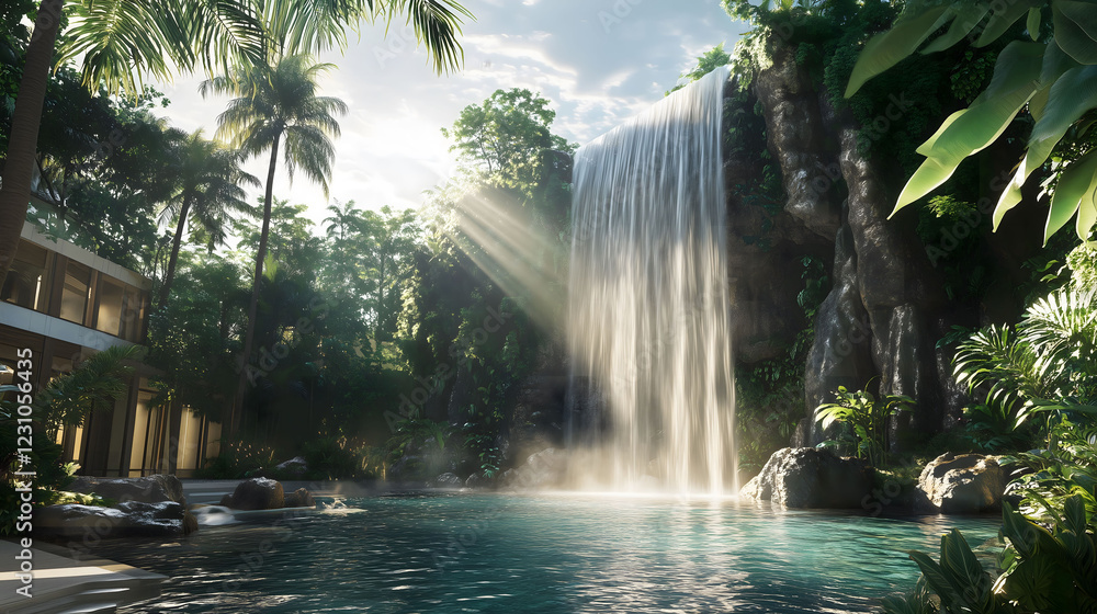 Poster enchanting waterfall cascading down a rocky cliff into a serene pool surrounded by lush greenery. ge