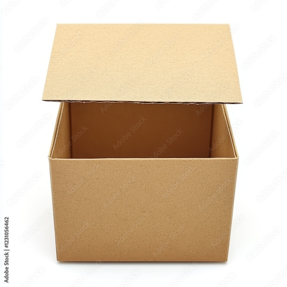 Poster empty square cardboard box with lid slightly open, isolated on white background.