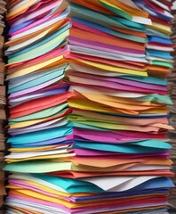 Piled stacks of colored papers with different colored tabs , organized workspace, tab, paper stack
