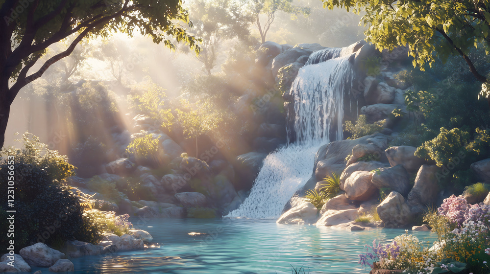 Poster enchanting waterfall flowing into a serene pool surrounded by lush greenery under soft morning light