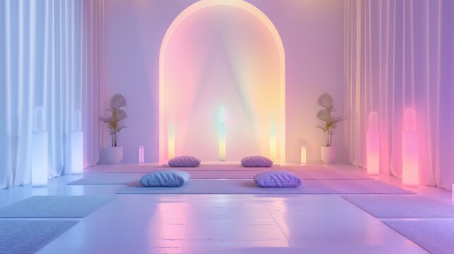 A sleek, modern Ramadan fanus glows in pastel hues of lavender, pink, and mint green, surrounded by warm ambient light.
