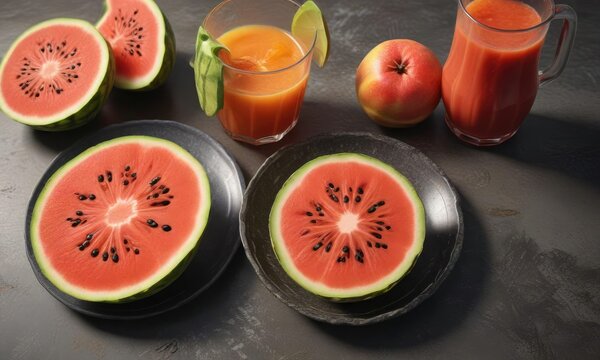 Plato decorado con trozos de sandia y jugo de naranja, appetizing presentation, decorative plate, yellow and orange hues