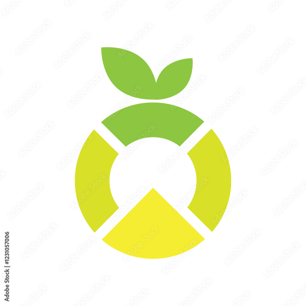 Poster the image shows a flat logo design of a fruit in round shape presumably an apple in green and yellow