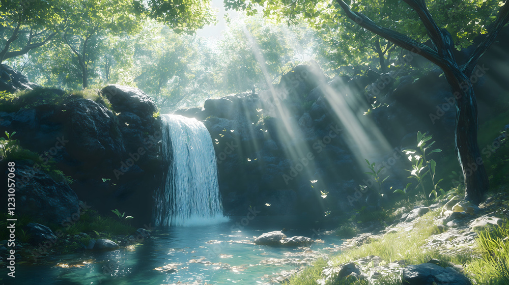 Poster mystical waterfall cascading down rocky cliffs with sunlight filtering through lush trees. generativ